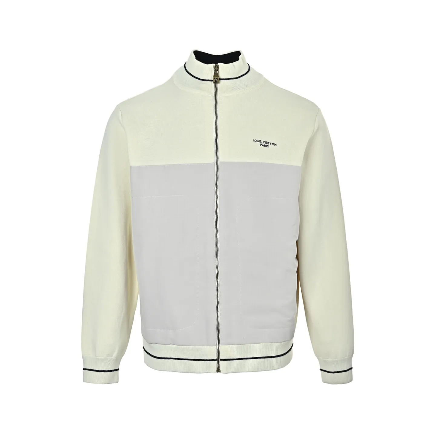 Louis Vuitton/Louis Vuitton off-white embroidered patchwork mixed knitted sports jacket